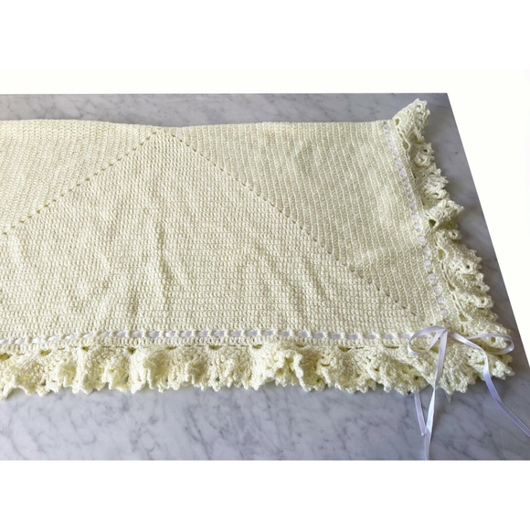 Baby Blanket Afghan Hand Knit Crocheted Soft Yellow with White Ribbon Homemade - Picture 5 of 11
